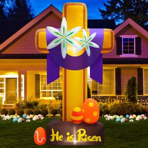 MICOCAH 8FT Easter Inflatables Outdoor Decorations He is Risen Inflatable Cross with Lilies and Easter Eggs Blow Up with LED Lights for Indoor Yard Garden Lawn Party Holiday Christian