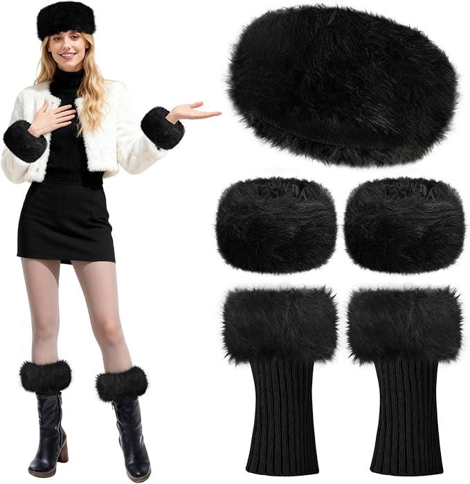 MAKCNMYM 5 Pieces Black Faux Fur Headband with Stretch Furry Leg Warmers and Fur Wrist Cuffs for Womens Winter Costumes Accessories (Black, Average)