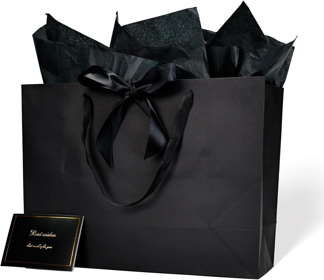 Aosric Black Gift Bags with Tissue Paper, 2 Pack 16x6x12 In Large Gift Bag with Ribbon & Greeting Card for Wedding, Birthday, Party Favor, Christmas, Return Gifts