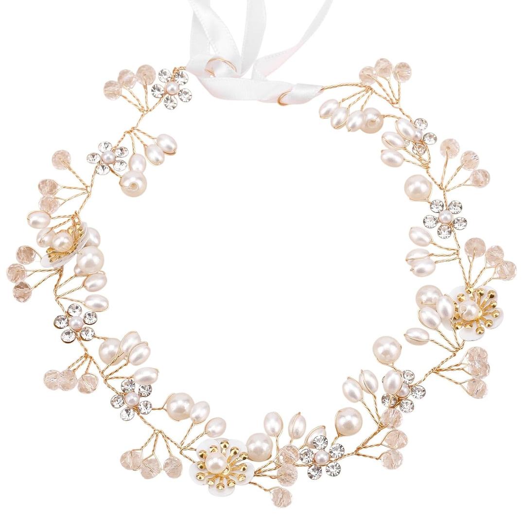 Tinoaly Flower Girl Headpiece, Pearl Flower Headband Bridal Crown Charming Glass Crystal Wedding Hair Accessories for Brides