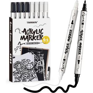 TRANSON 4 Black and 4 White Paint Markers Bold and Fine Dual-tip Acrylic Paint Marker Set for Rock Painting Glass Canvas Wood Leather Ceramic Painting