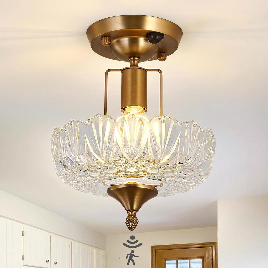 UOFUS Motion Sensor Semi Flush Mount Ceiling Light Gold Hallway Light Fixture with Clear Glass Indoor Small Chandelier for Hallway Entryway Porch Foyer Corridor