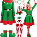 Suhine 12 Pcs Women Christmas Elf Costume Santa's Helpers Dress Outfit Elf Hat Bells Ears Shoes Xmas Fancy for Party XL