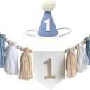 1st Birthday Decorations for Baby Boy Blue Handmade High Chair Banner with Cone Hat for Boy First Birthday Wall Hangings Decorations