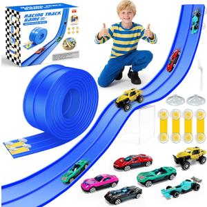 15Ft Flex Track, Flexible Race Car Track for Kids Toy with 10 Suction Cups, Rolls Up Portable Racetrack Compatible with Hot Wheels & Diecast 1/64th Cars, Birthday Gifts for Boys Girls (Blue)