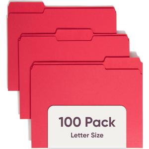 Smead File Folder, 1/3-Cut Tab, Assorted Positions, Letter Size, Red, Value Filing Products, 100 per Box