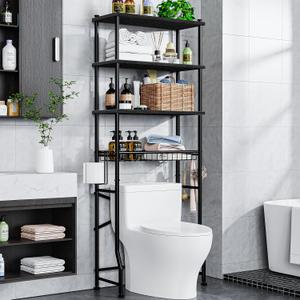 Over-The-Toilet Storage Rack, 4-Tier Bathroom Organizer Shelf Over Toilet with Adjustable Shelf and Basket, Freestanding Space Saver Bathroom Shelves Above Toilet for Room (Black) (Round Tube - Black)