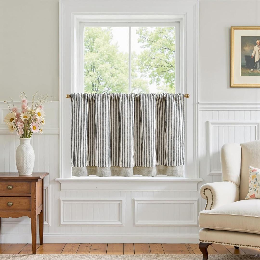 jinchan Double Layer Striped Linen Kitchen Tier Curtain Rustic Cafe for Living Room Bathroom Half Window Curtain Light Filtering Rod Pocket 1 Panel 24 Inch Charcoal Grey