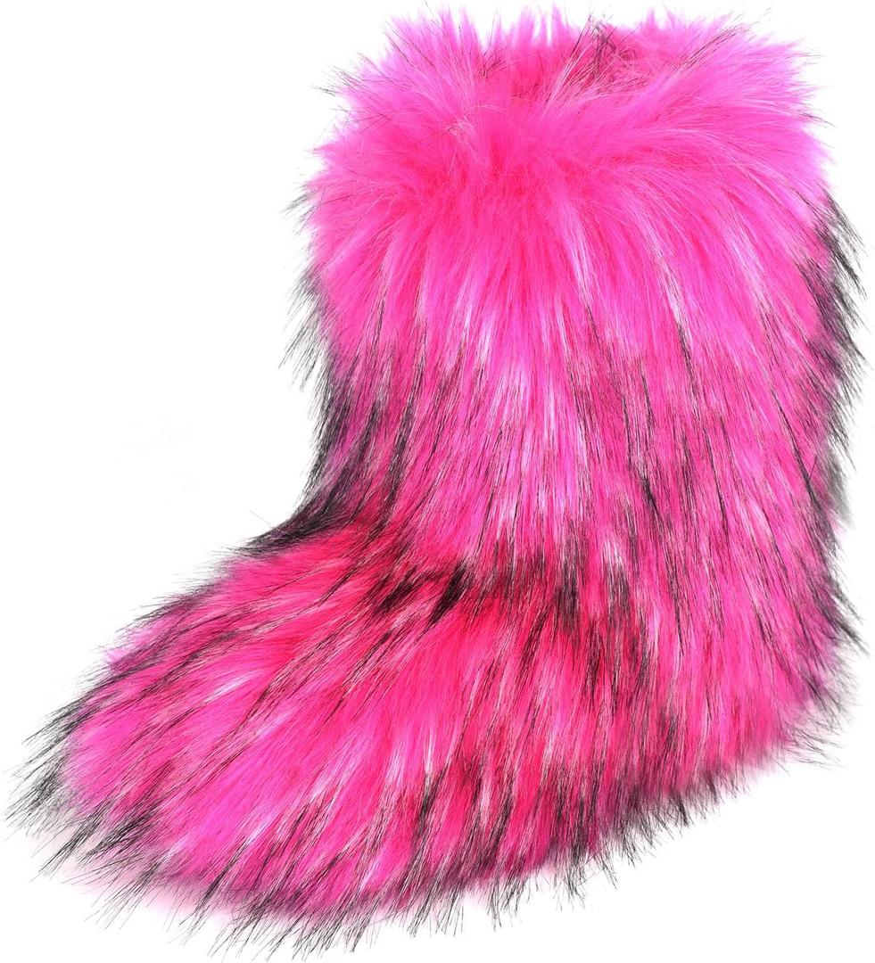 Fashion Fur Boots,Flat Heel Comfy Plush Warm Snow Booties,2025 Winter Outdoors Furry Boots,Mid-Calf Faux fur Boot for Women. (7.5 Wide, Pink)