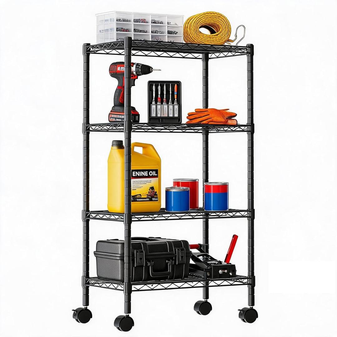 DUMOS 4-Tier Metal Storage Shelves, 23" W Wire Shelving Storage Rack with Lockable Wheels, Adjustable Shelving Unit, Standing Closet for Garage, Kitchen, Office, Living Room, 23" W x13 D x47 H