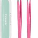 Tweezers for Women Facial Hair, Slant & Pointed Tweezers for Eyebrows, Ingrown Hair, Splinter Removal, 2 Pack Tweezer Set, Professional Stainless Steel Eyebrow Tweezers for Men and Women, Pink