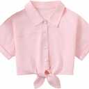 Hilinker Girls Button Down Short Sleeve Shirt Cute Summer Cotton Crop Tops Tie Front Blouse Pink 7-8 Years (Pink)