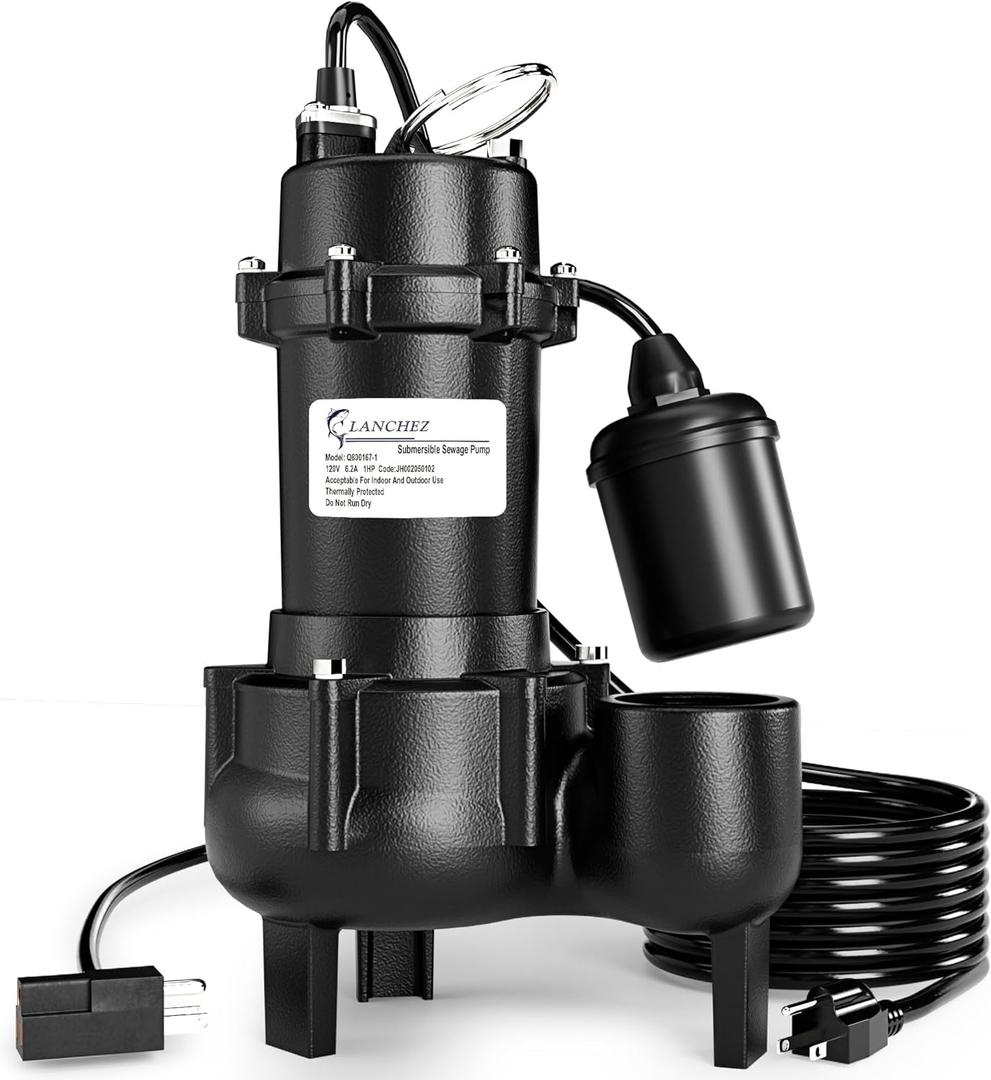 LANCHEZ 1HP 6600 GPH Submersible Sewage Pump, Heavy Duty Cast Iron Effluent Pump with Automatic Tethered Float Switch, Sump Pump for Sump Basin, Basement, Residential, 2" NPT Discharge