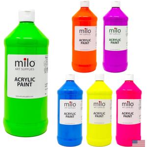 milo Fluorescent Acrylic Paint Set of 6 Colors | 32 oz Bottles| Student Neon Colors Acrylics Painting Pack | Glows UV in Black Light | Non-Toxic Art & Craft Paints for Artists, Kids, & Hobby Painters | Made in USA