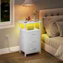 Vagusicc Night stand Set 2 with Charging Station, LED Nightstand for Bedroom, White Bedside Table with 3 Fabric Drawer, End Table Side Table with USB Ports & Outlets, Bed Side Table for Bedroom, White