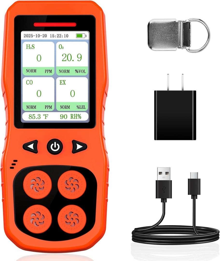 ZYKYCX 4 Gas Monitor Multi Gas Detector for O2, CO, H2S, Combustible Gas Tester, Rechargeable 4 Gas Leak Detector, Digital Gas Meter with Sound, Light & Vibration Alarm, Orange 