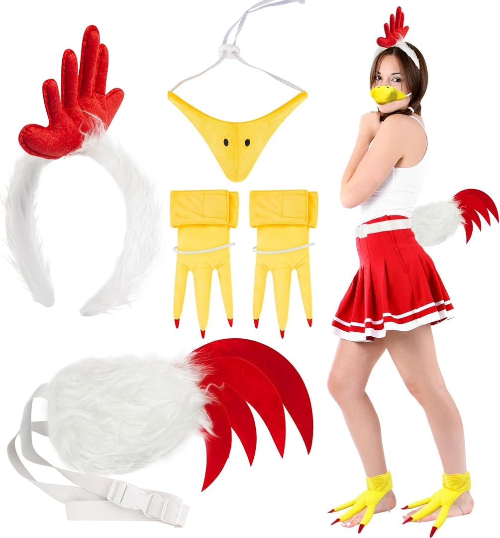 5 Pcs Rooster Costume Accessories,Chicken Comb Headband,Rooster Tail,Beak Nose Mask and Feet,Halloween Cosplay Party Costume Props Set
