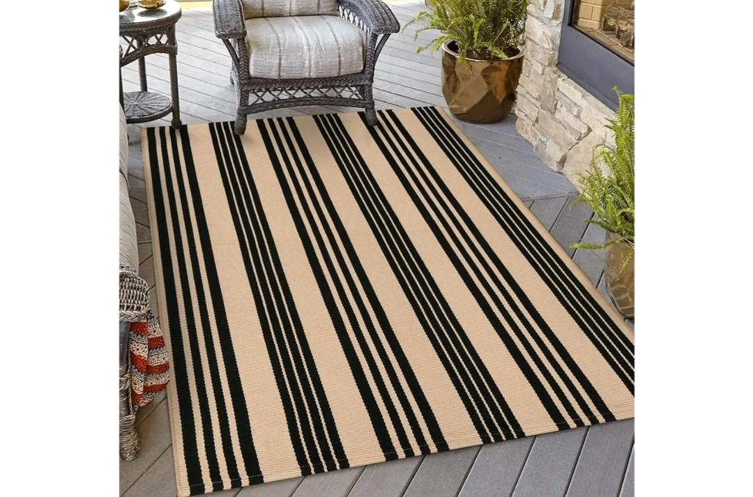 OJIA Outdoor Area Rugs 4'x6', Black and Tan Outdoor Rug Machine Washable Patio Rugs Cotton Hand Woven Entryway Rug Indoor Rugs for Bedroom/Porch/Deck/Backyard/Camping/Living Room