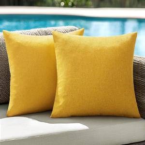 ANRODUO Pack of 2 Yellow Outdoor Pillow Covers for Patio Furniture Decorative Farmhouse Linen Cushion Sham Outdoor Waterproof Outside Square Pillowcase for Garden Balcony Spring Decor, 18x18 Inch