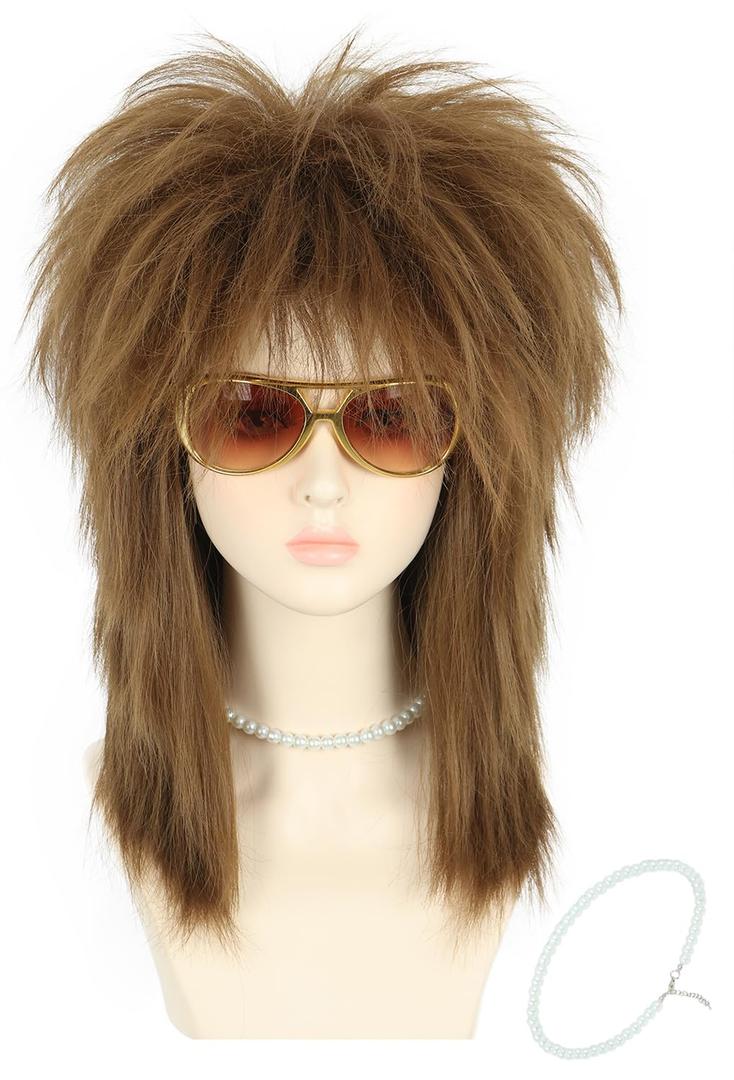 yuehong Long Dark Brown Women Wig Mullet Wig 70s 80s Rocker Wig Heavy Metal Style Cosplay Costume Wig with Necklace