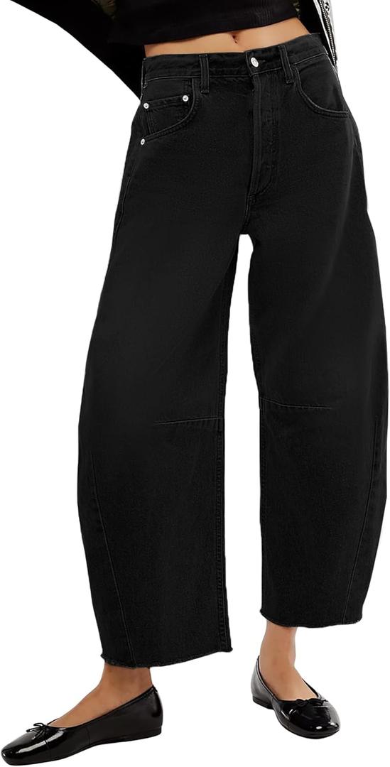 Barrel High Waisted Casual Baggy Trendy Straight Wide Leg Boyfriend Jeans (16, Black)