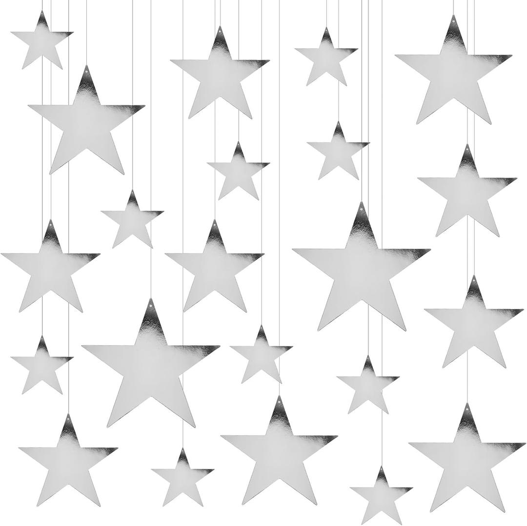 TIESOME 24PCS Silver Star Garland Banner Decorations, Bright Silver Paper Garland Hanging Decorations Bulletin Board Decors for Wall Party Night