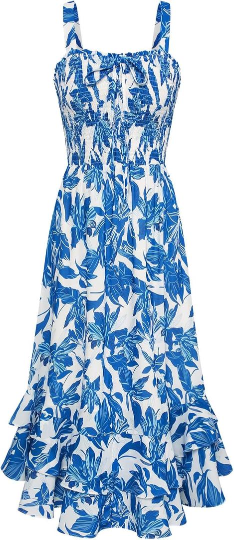 GRACE KARIN Women's 2026 Summer Floral Boho Dress Square Neck Strapped Swing A Line Sundress Beach Long Maxi Outfits (Blue, S)
