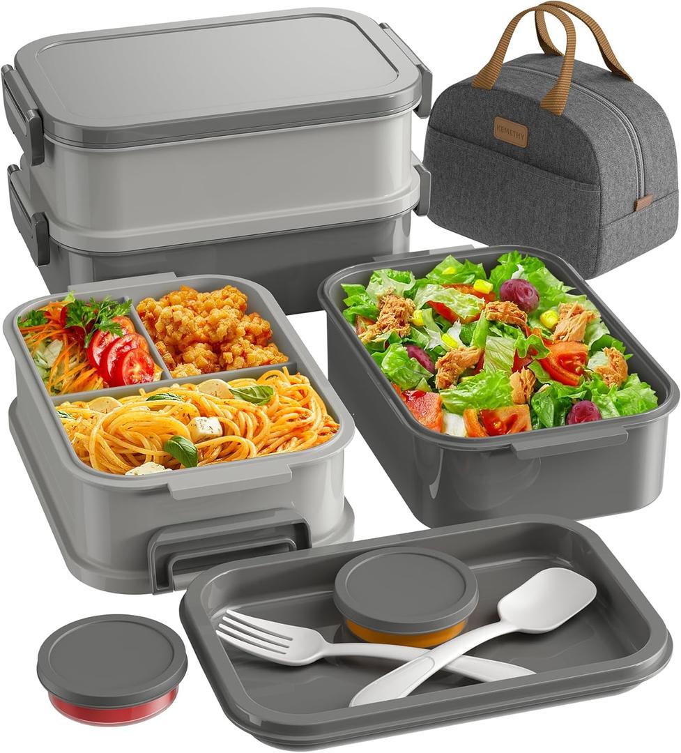 KEMETHY Adults Bento Lunch Box Set with Thermo Bag, 74oz Stackable Leak-proof 3-tiers Bento Box, Built-in Utensil and Sauce Container for Work, School, Dining Out (Gray) (Misty Grey)