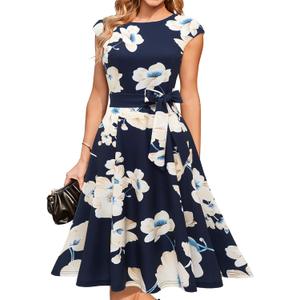 DRESSTELLS Women's Cocktail Dresses, Formal Wedding Guest Church Modest Graduation Party Prom Dress 2025 (XX-Large, Navy Yellow White Flower)