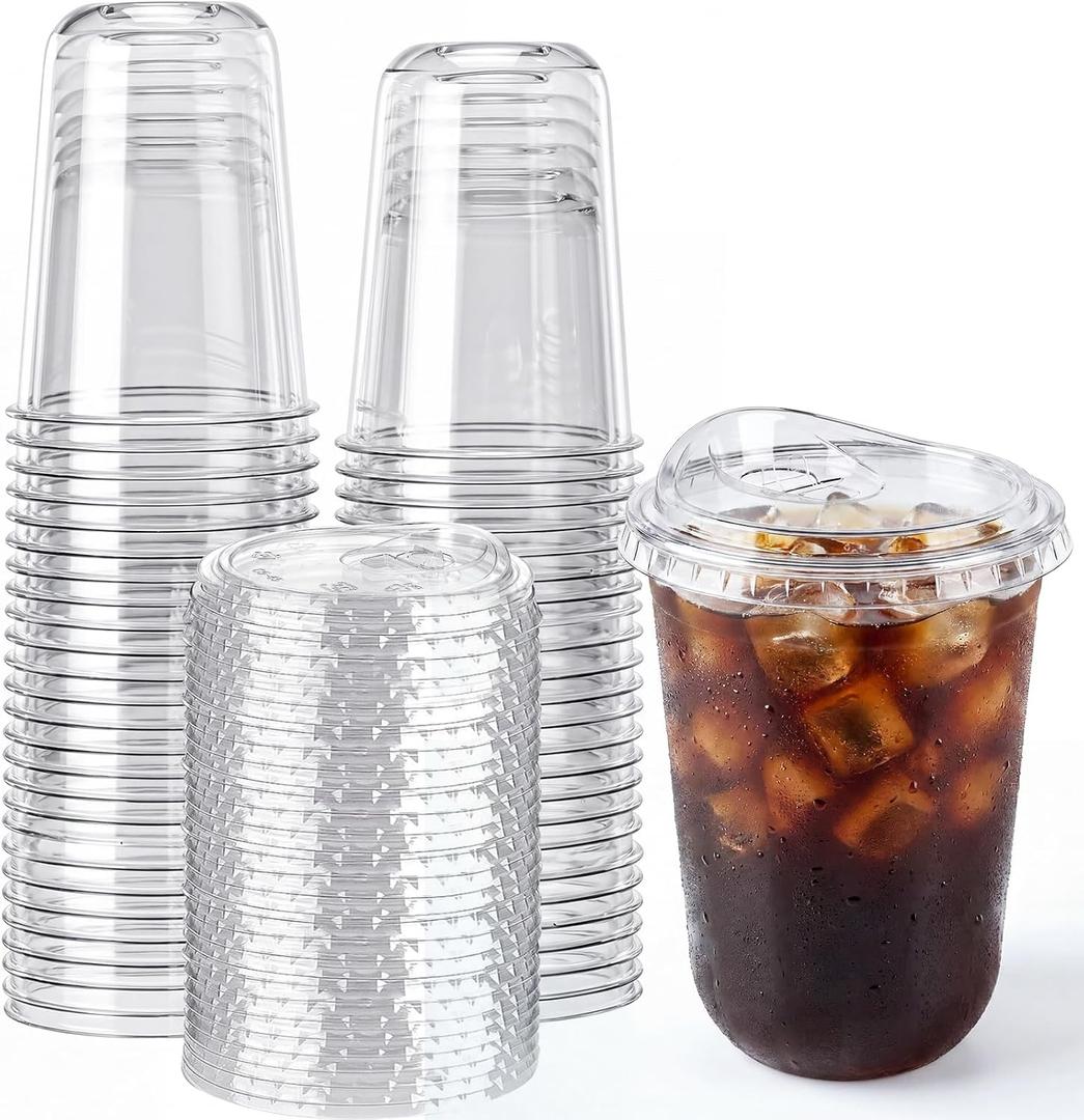 50Pack-16oz Disposable Clear Plastic Cups with Strawless Lids, Round Bottom To Go Cups for Iced Coffee, Smoothies & Cold Beverages