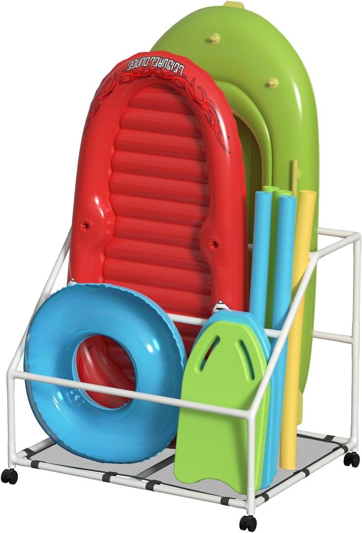 Pool Float Holder, Poolside Float Storage, Rust-Proof Float Rack, Anti-UV Float Organizer, Outdoor Pool Float Container for Floaties, Noodles (Basic Plus, White)