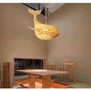 Wood Fish Pendant Light, Whale Shape Design for Kitchen Island Handcrafted Wood Lampshade, Adjustable Height 47 In, Coastal Style, Home and Commerical Decor,3000K Warm Ambient Lighting