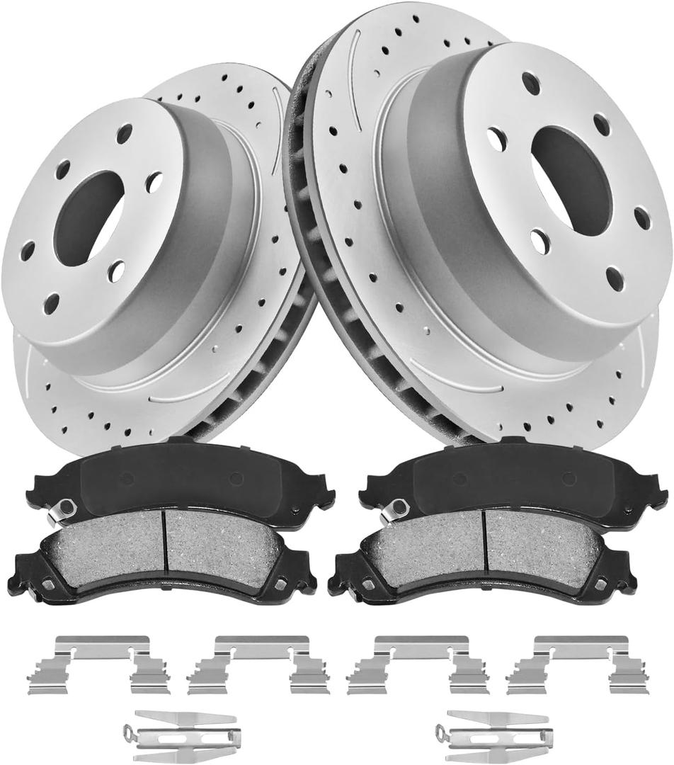 Rear Brake Pads and Rotors Kit for Tahoe [ 2000-2006 ], Geomet Coated Brake Kit, Drilled and Slotted Brake Rotors Pads [ 13in ], Automotive Replacement Brake Kits 55067 D834