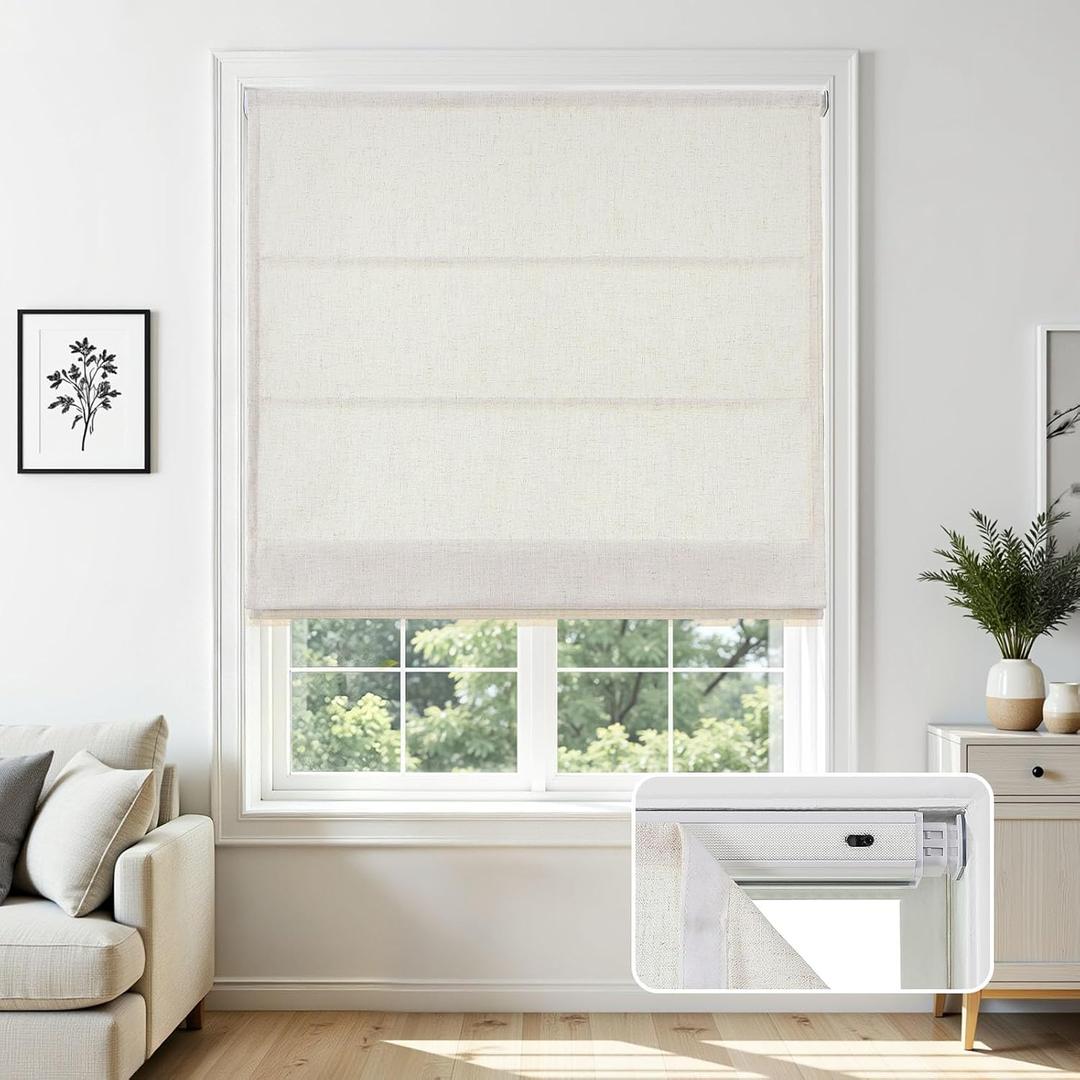 Joydeco No Drill Roman Shades Linen, Light Filtering, 26" W × 64" H, White