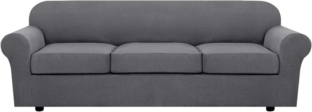 H.VERSAILTEX 4 Piece Stretch Sofa Covers for 3 Cushion Couch Covers for Living Room Furniture Slipcovers (Base Cover Plus 3 Seat Cushion Covers) Upgraded Thicker Jacquard Fabric (XL Sofa, Grey)