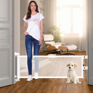 14" H Dog Gate - Puppy and Small Dog Gates, Retractable, Mesh, Expands Up to 59 Inches, Indoor/Outdoor, perfect for Doorways & Stairs