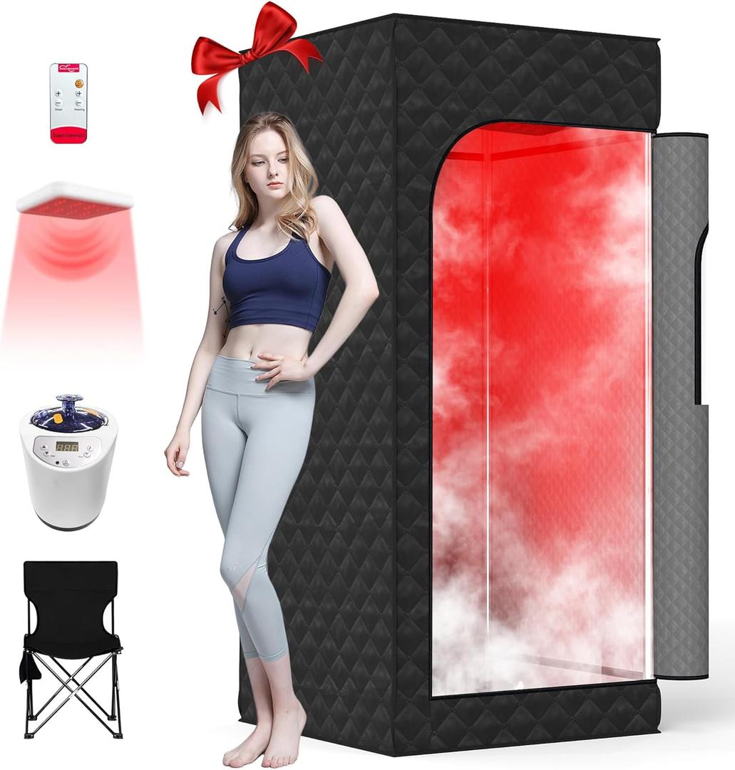 Portable Infrared Saunas for Home,Sauna Box with Red Light Therapy.Steam Sauna with 15-Level Heating,0-99 Minute Timer,Personal Sauna Tent with 3L 1200W Steam Steamer,Remote Control,Folding Chair
