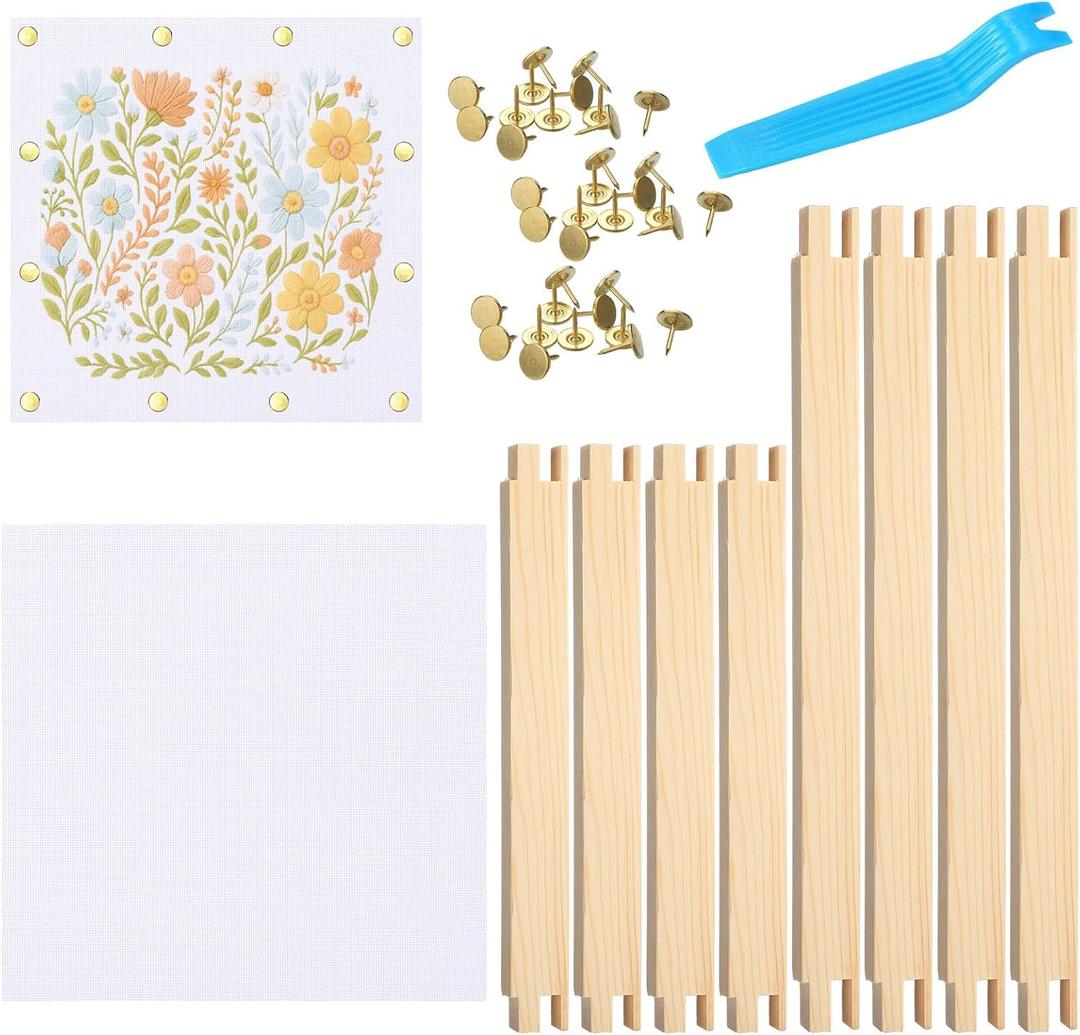 Threehoney 50 Pcs Needlepoint Stretcher Bars Kit Wooden Stretcher Bars Thumb Tacks and White Needlepoint Canvas Needlework Craft Supplies for Cross Stitch Hand Embroidery Art Accessories (2 Sizes)