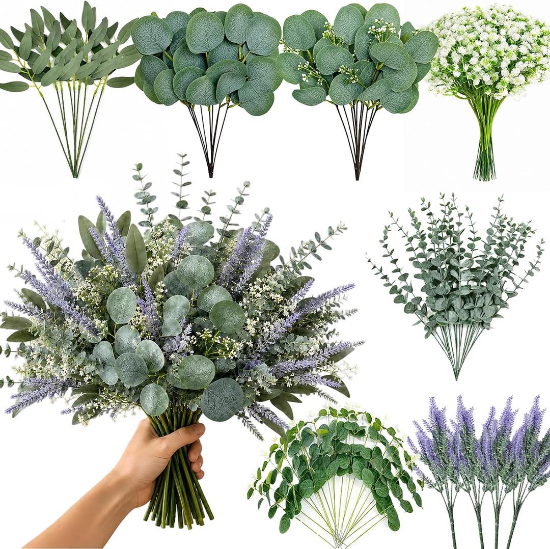 134 Pcs Artificial Eucalyptus Stems Bulk, 7 Kinds of Mixed Fake Plants