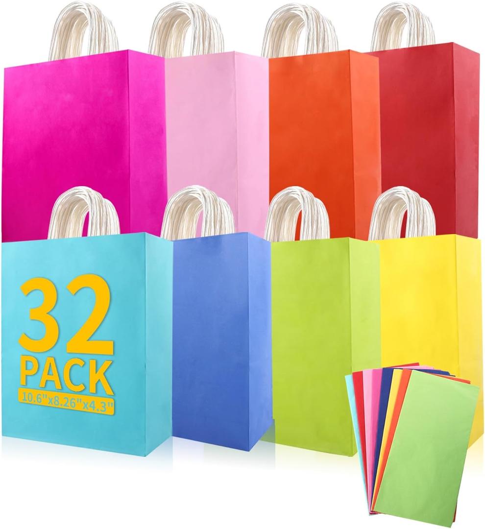 EIOFG Packaging 32Pcs Paper Gift Bags 8 Color with Colorful Tissues, 10.6"x8.26"x4.3" Kraft Paper Party Favor Bags Bulk Rainbow Goodie Bags Large Gift Bags with Handles for Kids Birthday Baby Shower Crafts Wedding Party Supplies (8 Colors)