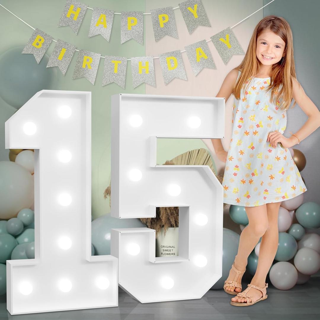 Marquee Numbers Large 15th-Birthday Decorations: 3ft Light Up Number 15 Birthday Decoration for Boy Girl Fifteen Year Old Party Backdrop Anniversary Cardboard Big Mosaic Number 15 (White)