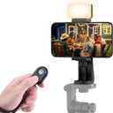 Universal Phone Tripod Mount Adapter with ireless Camera Remote and LED Light, Cell Phone Holder with Adjustable Clamp for Selfie Stick Monopod for iPhone, Samsung Wrist Strap Included