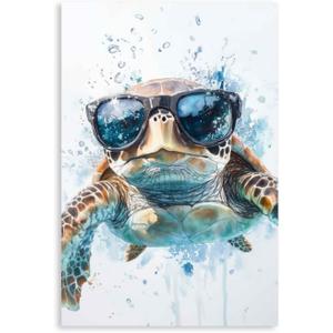 YMXZHUANSH Sea Turtle Canvas Wall Art for Bathroom Turtles with Glasses Pictures Funny Turtle Painting for Home Decor Unframed(White 12.00" x 18.00")