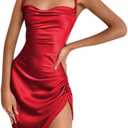 JUMISEE Women Satin Ruched Lace Up Bodycon Mini Dress Sexy Backless Spaghetti Strap Party Dress for Cocktail Clubwear (X-Large-XX-Large, Red Irregular Hem)