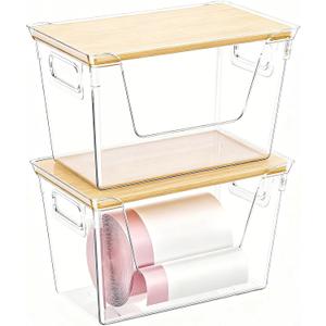 2 Pack Trash Bag Dispenser with Bamboo Lid, Stackable Trash Bag Holder, Large Clear Garbage Bag Organizer for 4-33 Gal Bags, Space-Saving Under Sink Organizer for Kitchen, Laundry, Pantry