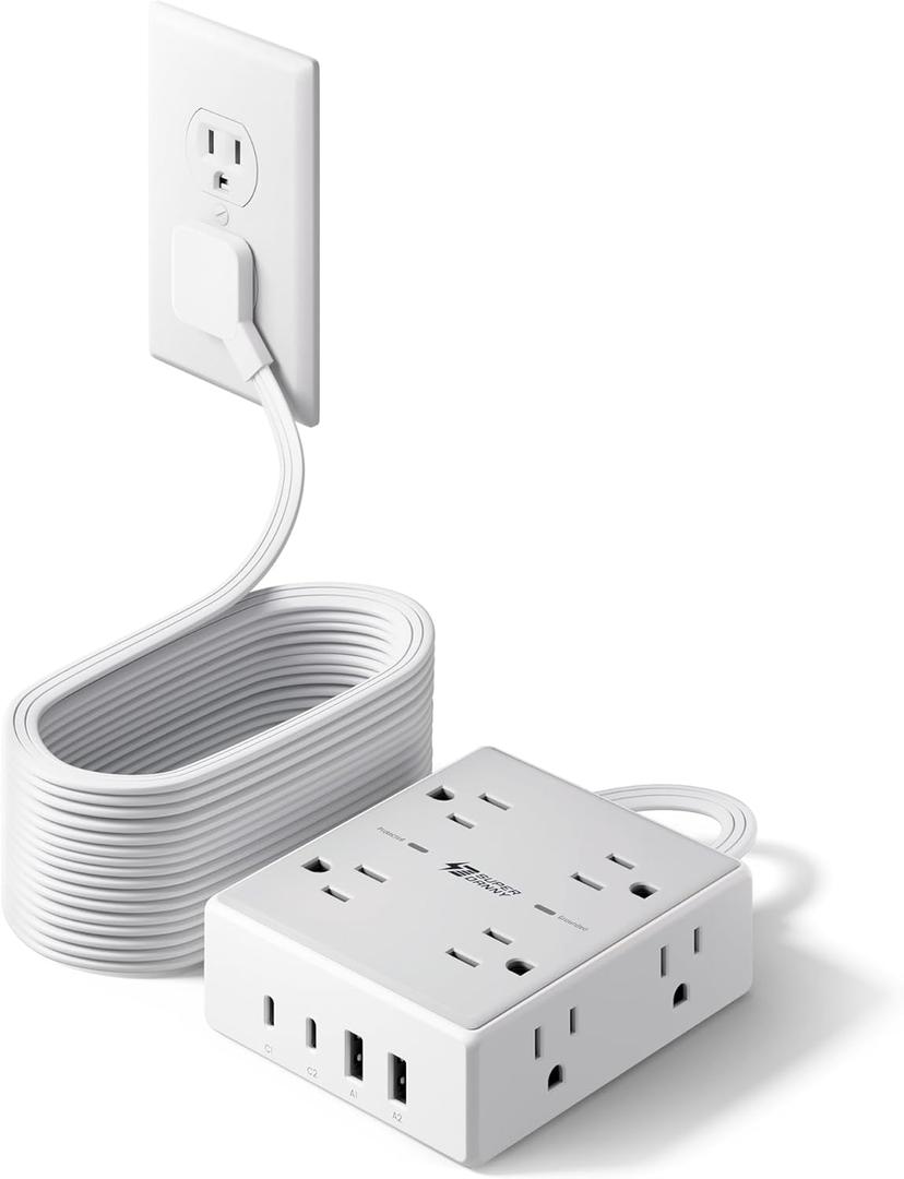 20Ft Long Extension Cord, Flat Plug Power Strip with 8 Outlets & 4 USB Ports (2 USB C), Wall Mountable Surge Protector, Desk Charging Station for Home Office, College Dorm Room Essentials (White)