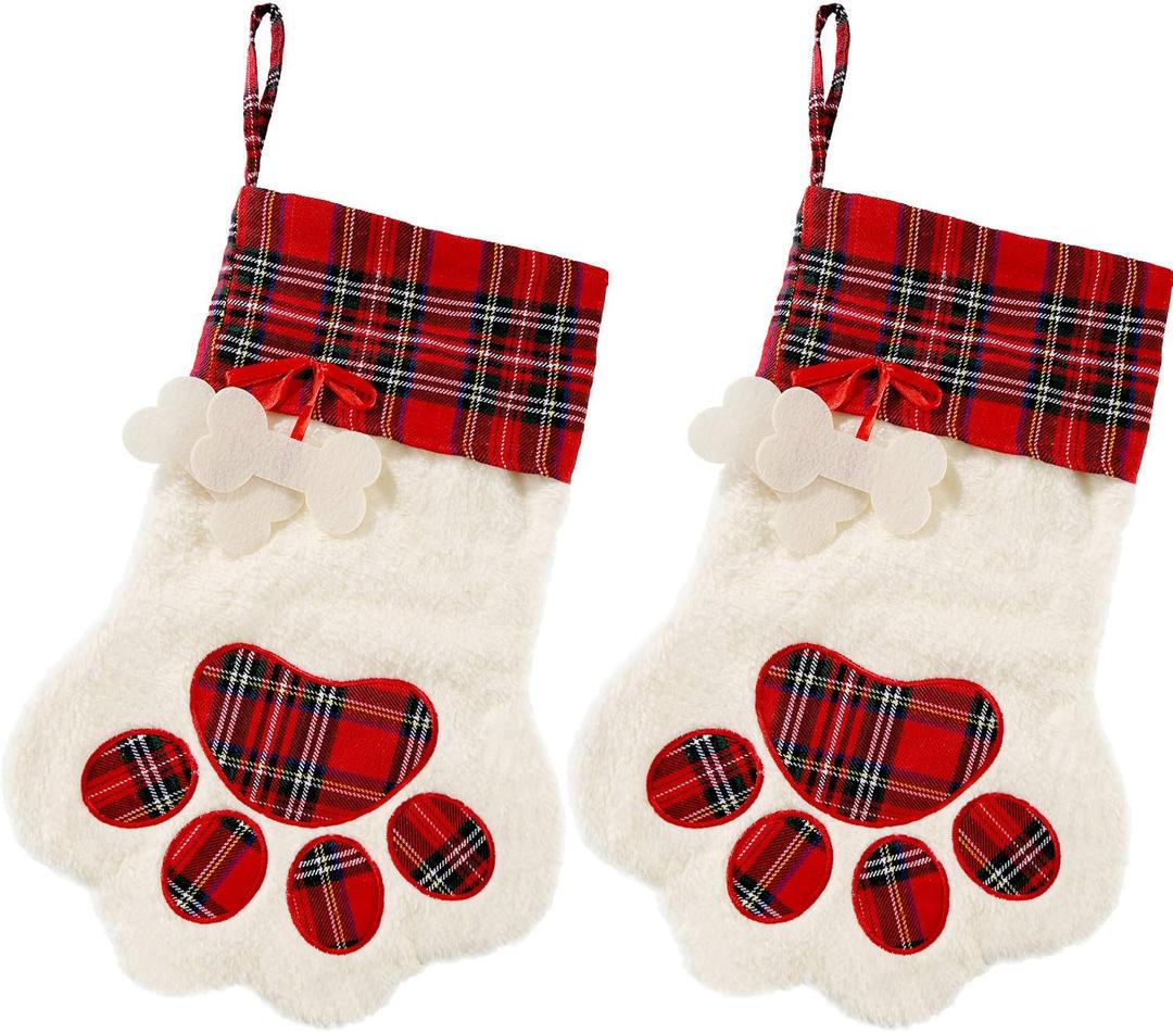 Jetec 2 Pieces 17.7 Inch Christmas Pet Stockings Cat Dog Paw Pattern Buffalo Plaid Fireplace Hanging Stockings for Christmas Fireplace Tree Decoration(Red)