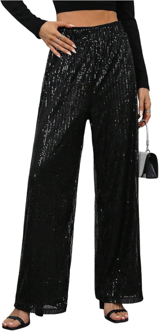 WDIRARA Women's Sequin Sparkle Pants Elastic Waist Wide Leg Party Club Trousers (X-Large, Black)