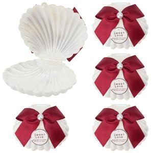 5Pcs Sea Shells Candy Boxes Seashell Plastic Containers Jewelry Organizers Storage Chocolates Party Favor Boxes Red Ribbon Bowknot for Wedding Birthday 2.8x3.5 Inch