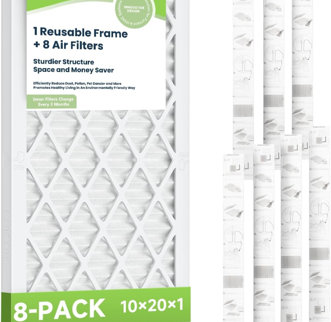 Future Way 10x20x1 Air Filters, 8-Pack with Reusable Frame, MERV 8, MPR 700 AC Furnace Filters, Space Saving & Cost-Effective